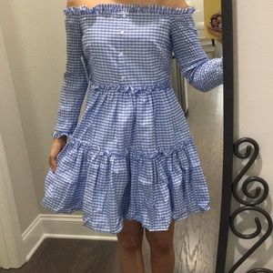 blue and white gingham off the shoulder dress